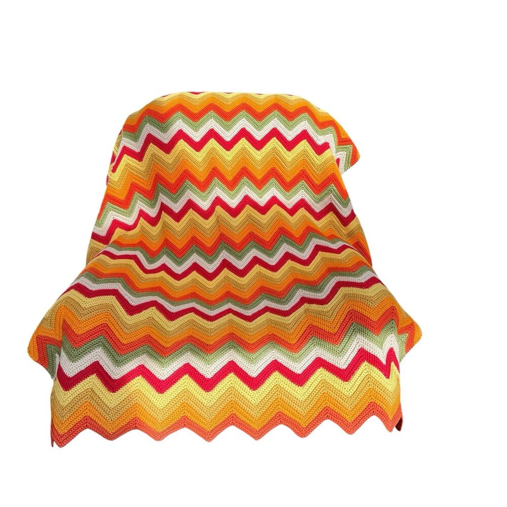 Vtg Afghan Retro Crochet Throw Chevron Striped Orange Yellow 70s ~50"x 68" EUC